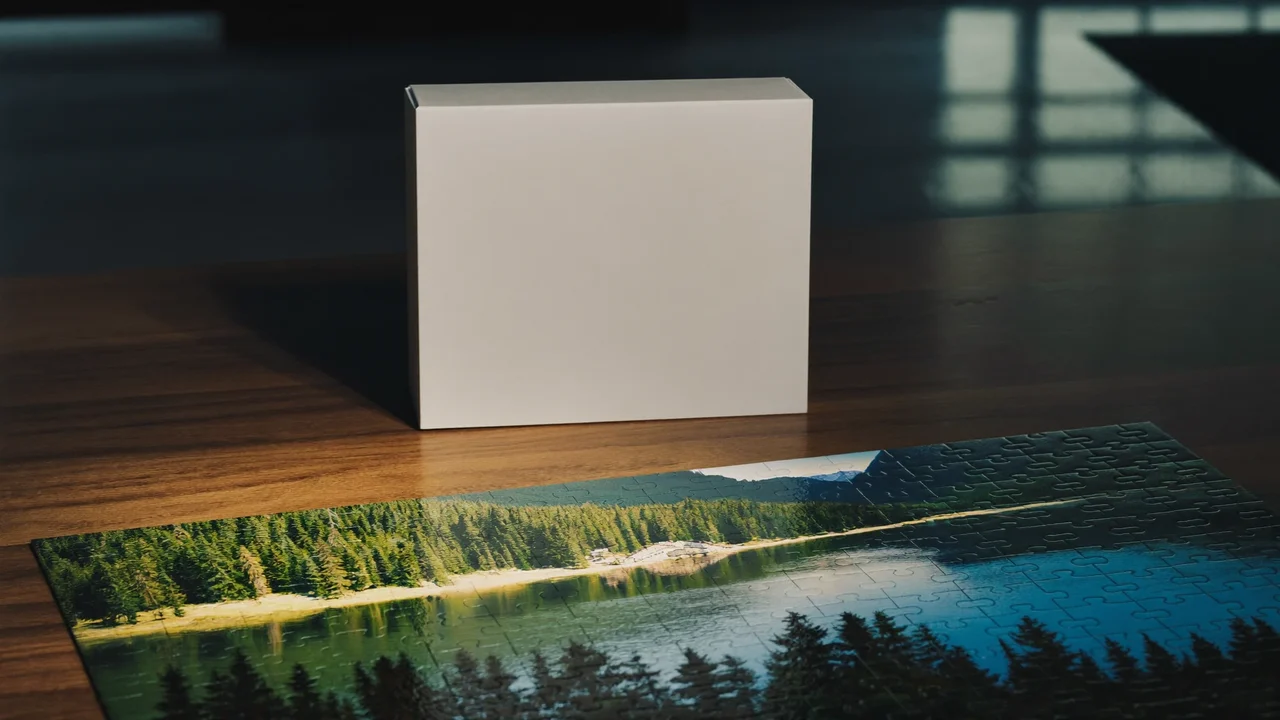 Częściowo ułożone puzzle z górskim jeziorem obok pustej pokrywki pudełka