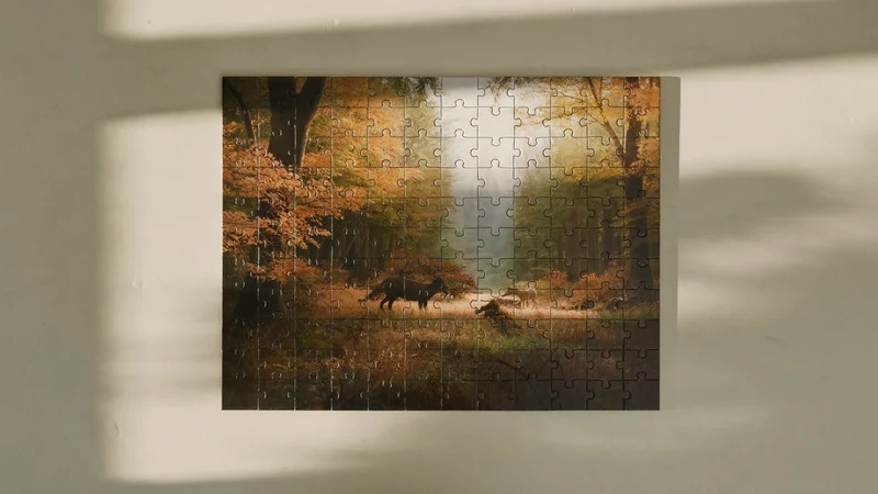 Gotowe puzzle jesiennego lasu ze zwierzętami widziane z góry